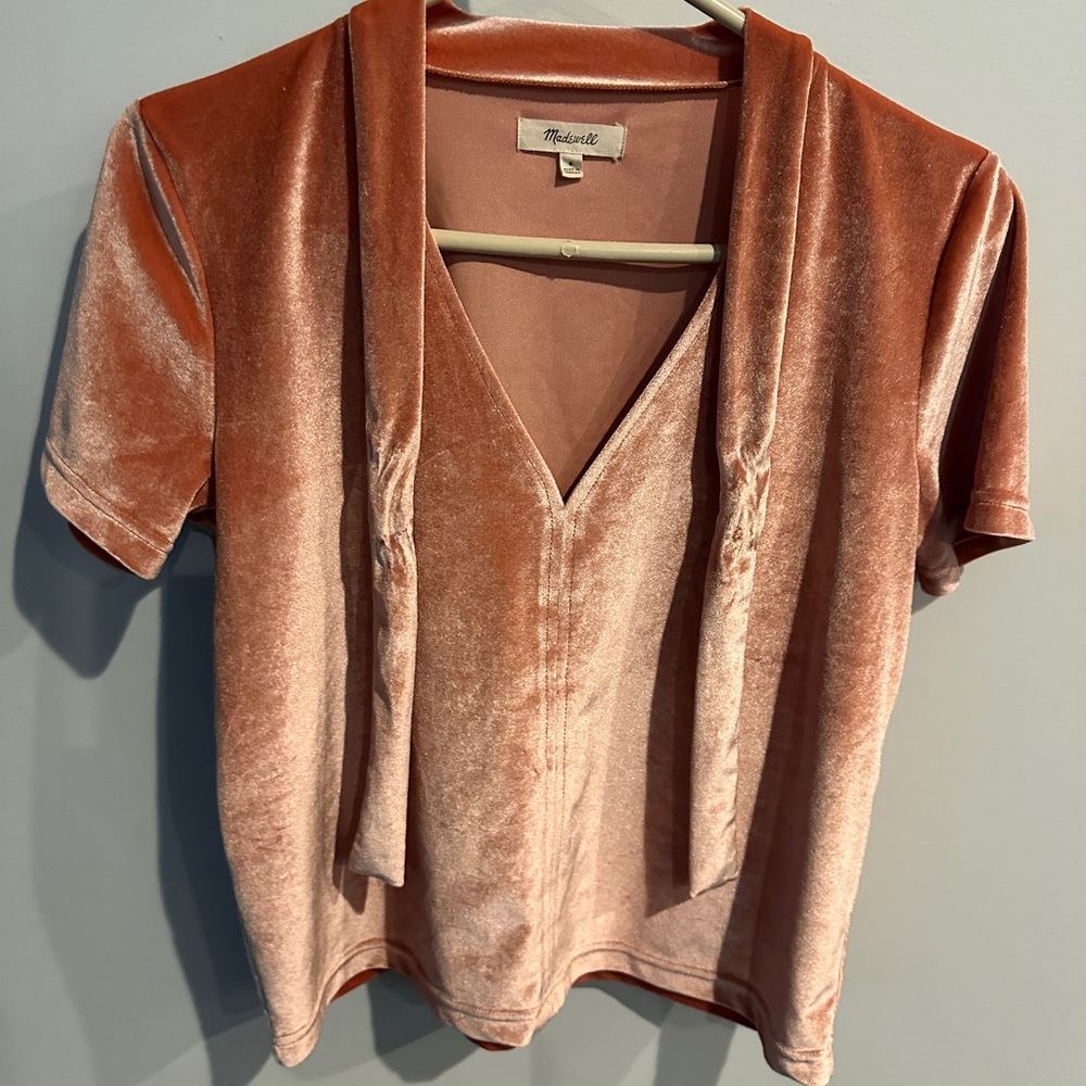 Madewell Peachy Pink Velvet Tie-Neck Top size Small#0072